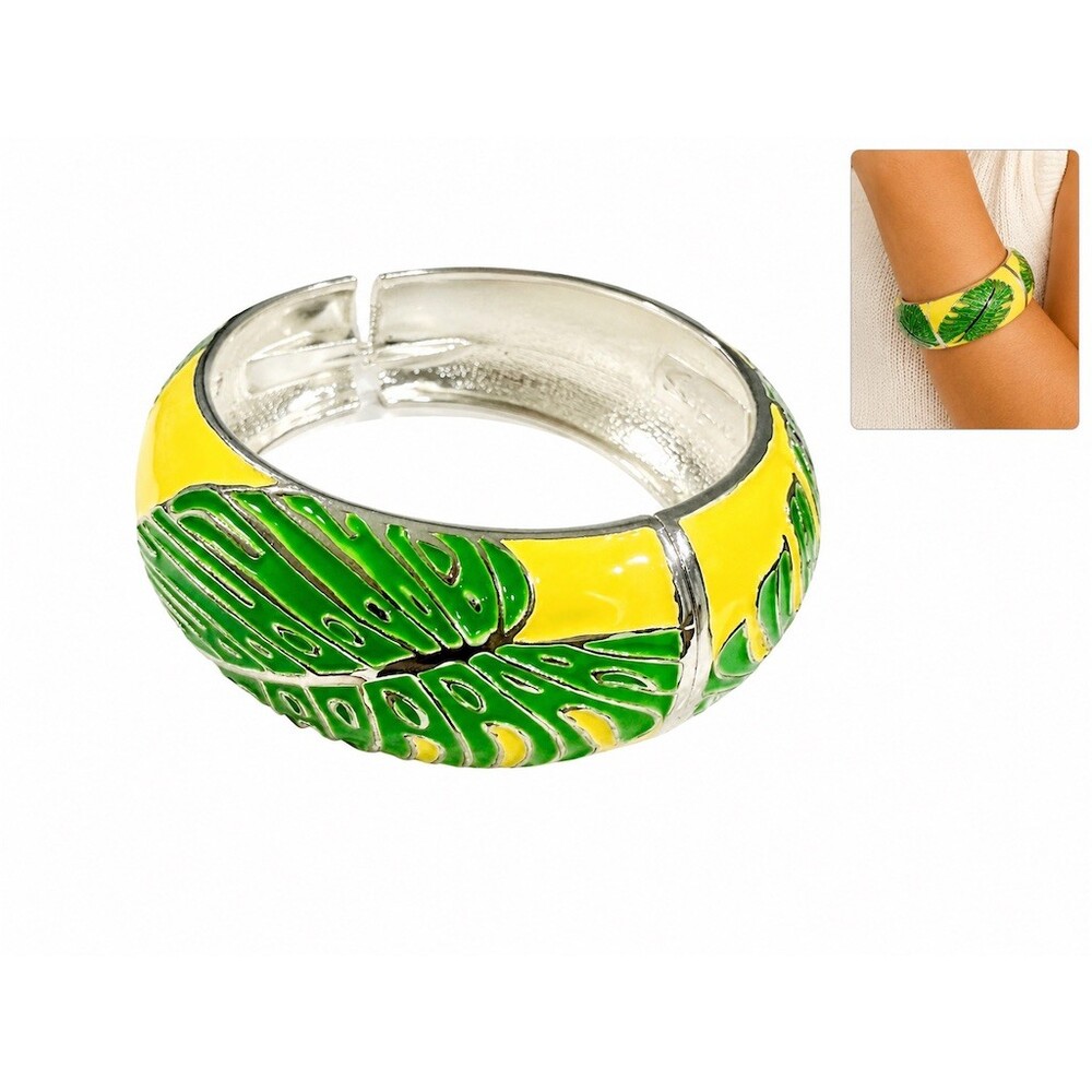Enamel palm yellow green Bracelet Tropical Monstera Leaf bangle statement silver